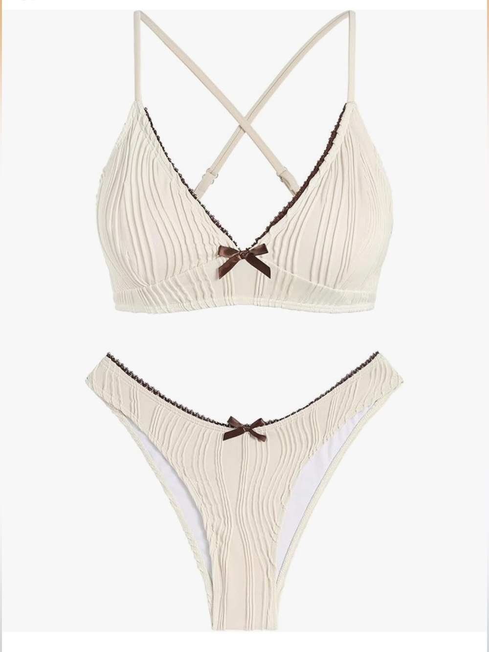 NWT Zaful Cream Ribbed Triangle High Waisted Bikini with Brown Trim & Bows Med.